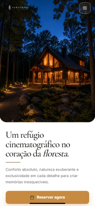 Landing page de reservas criada para o Vertentes Chalet, hospedagem em chalé de alto padrão, pela Zellax Designer