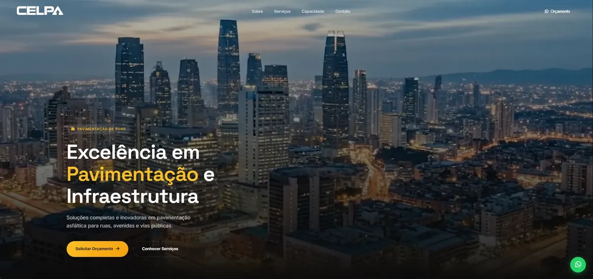 Tela inicial do site da Celpa Construtora, pavimentação, em desktop