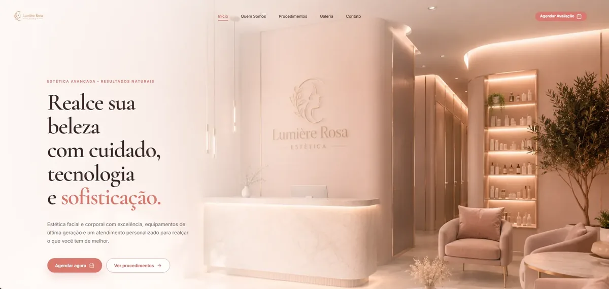 Tela inicial do site da Lumière Rosa, clínica de estética, em desktop