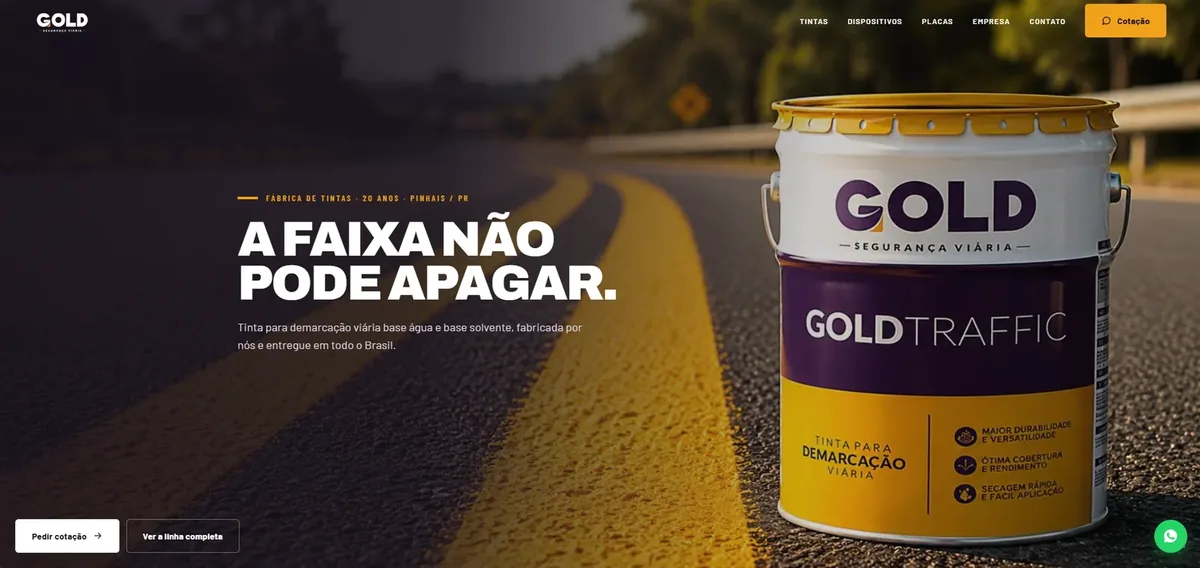 Tela inicial do site da Gold Segurança Viária, indústria de tintas, em desktop