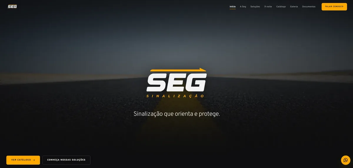 Tela inicial do site da Seg Sinalização, sinalização viária, em desktop