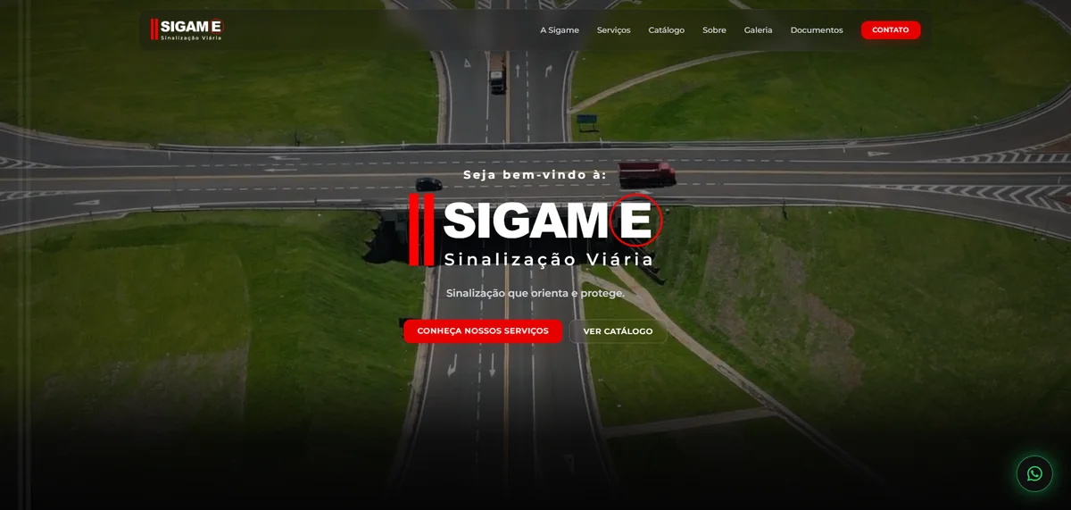Tela inicial do site Sigame Sinalização