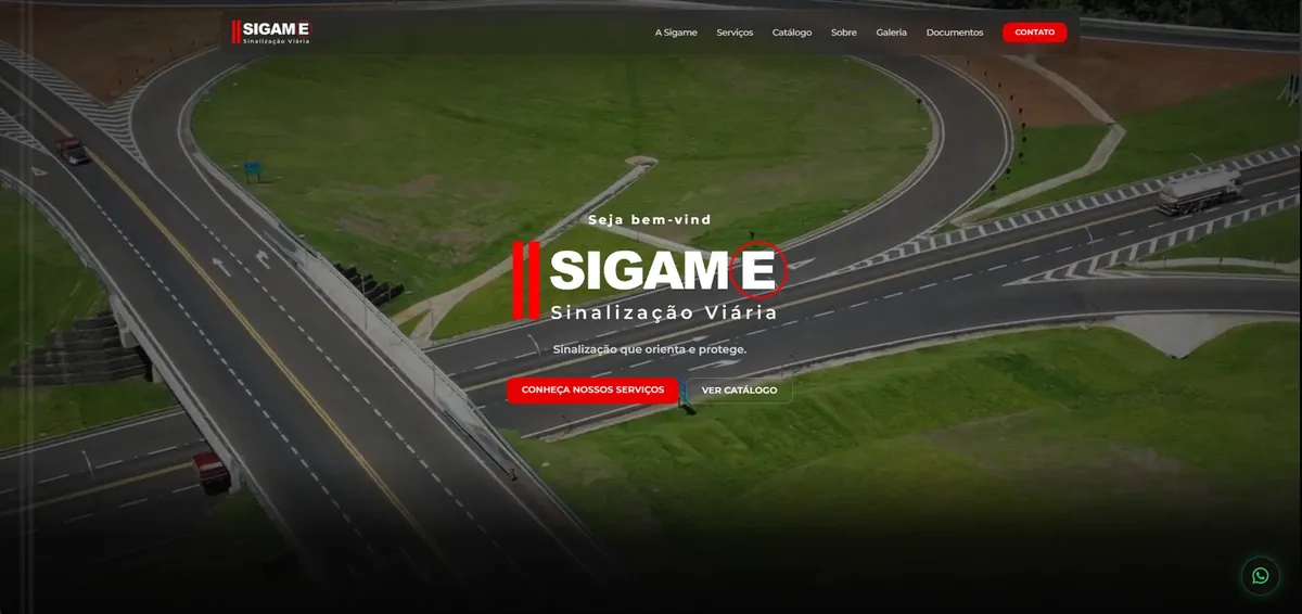 Tela inicial do site da Sigame Sinalização, sinalização viária, em desktop