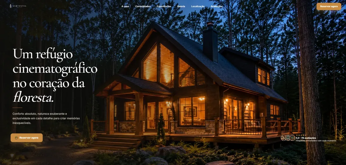 Tela inicial do site da Vertentes Chalet, hospedagem, em desktop